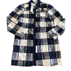 BCBGeneration Long Sleeve Button Up Flannel Dress Tunic Navy Blue Medium NWT